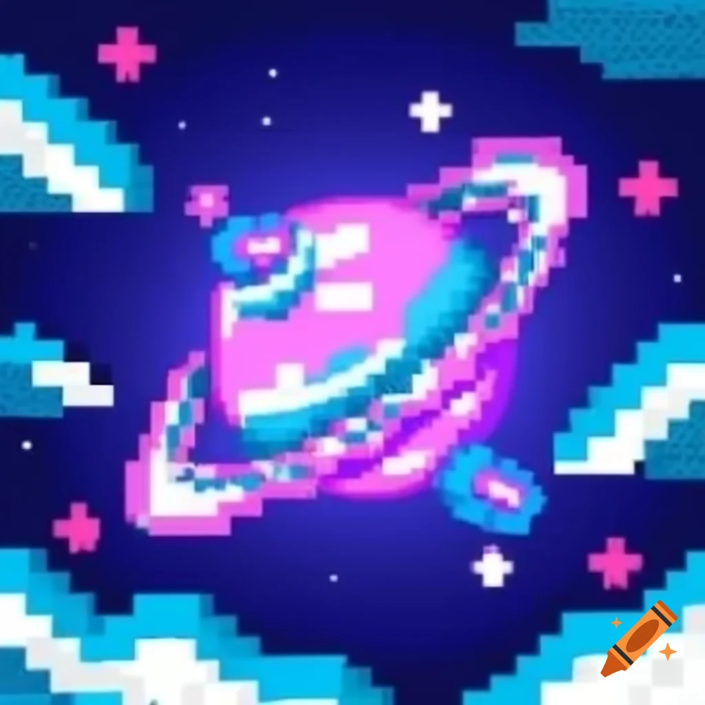 Character from behind with galaxy design in pixel cartoon style