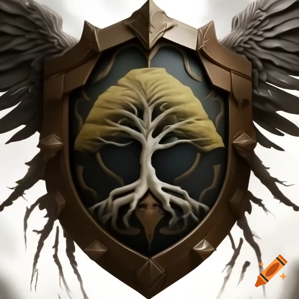 Dark wooden shield with oak tree crest and thorny branches, surrounded by angelic wings