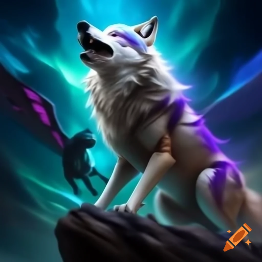 Animated white and purple wolf on cliff with black and blue winged wolf under aurora