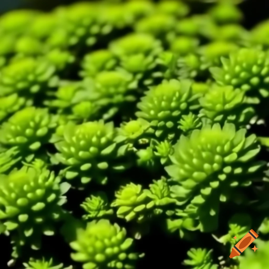 Psychedelic field of green small plants on a sunny day