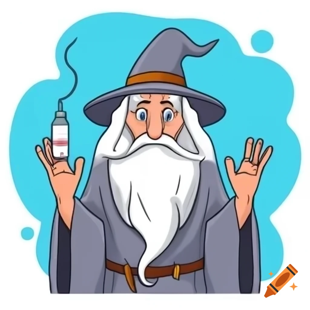 Healthcare professional dressed as Gandalf holding vaccine and shouting