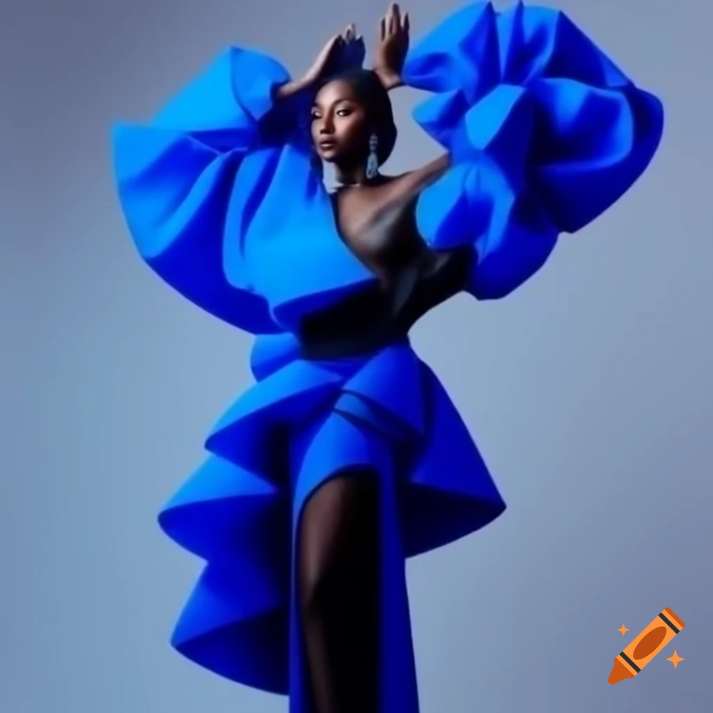 Monochromatic electric blue look by Felicity Fierce from RuPaul's Drag Race, featuring sculptural asymmetrical dress with exaggerated ruffles