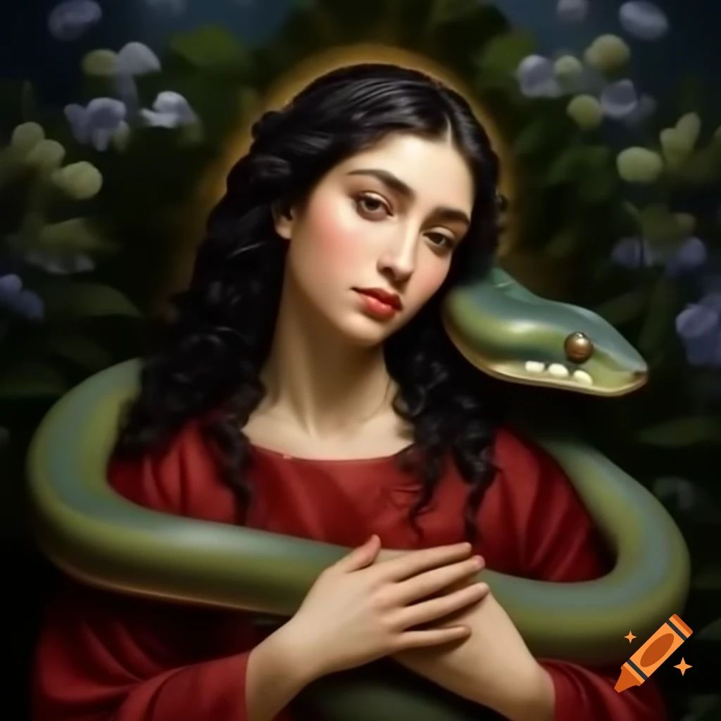 Virgin Mary Magdalene in lush garden with snake, wearing blue-red clothes