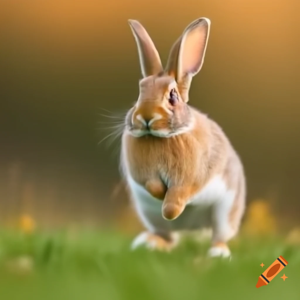 Holland hop rabbit jumping in city park with grassy fields and warm colors