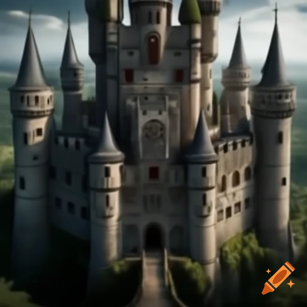 Ultra-realistic photograph of a medieval castle with pronounced spires