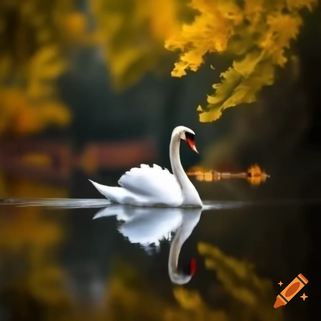Lonely swan on pond surrounded by autumn yellow foliage in rain