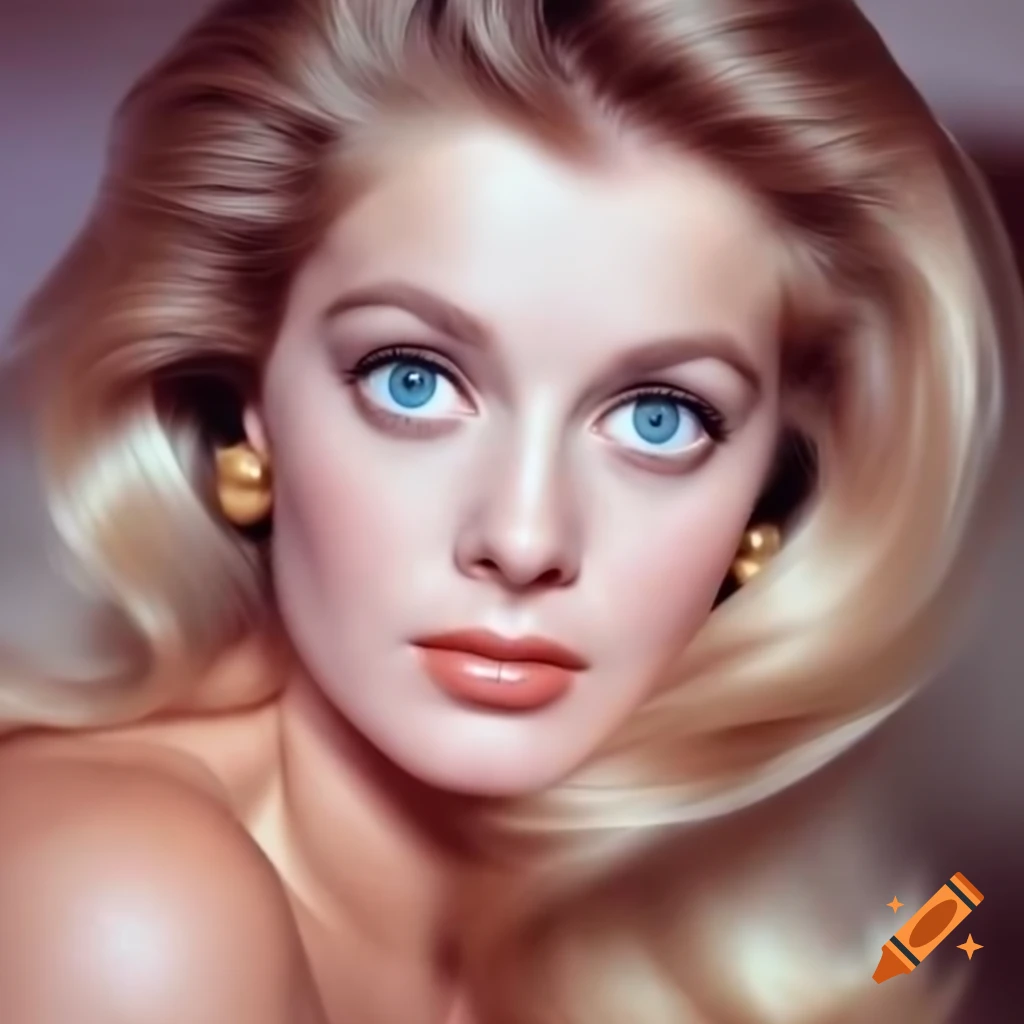 Hyper-realistic photograph of a charming European actress from 1963 with porcelain skin and blue eyes