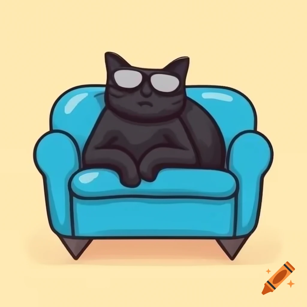 Cartoon art of black cat wearing sunglasses on couch