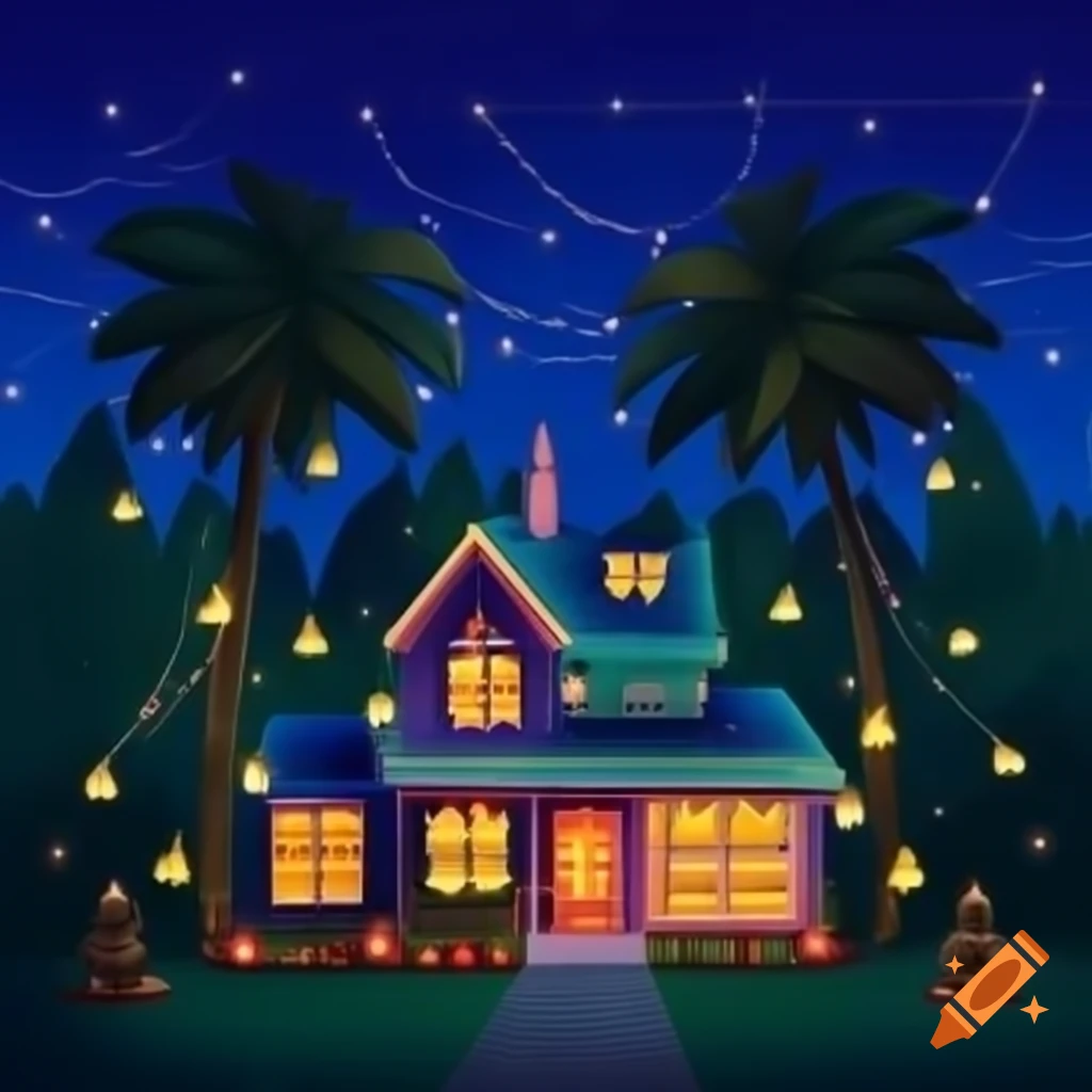 House decorated with Christmas lights and palm trees at night