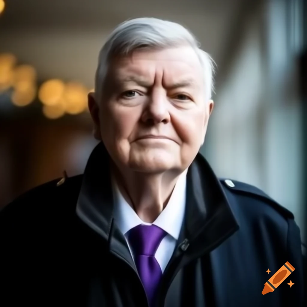 Close portrait of confident middle-aged man politician wearing black jacket and dark violet tie
