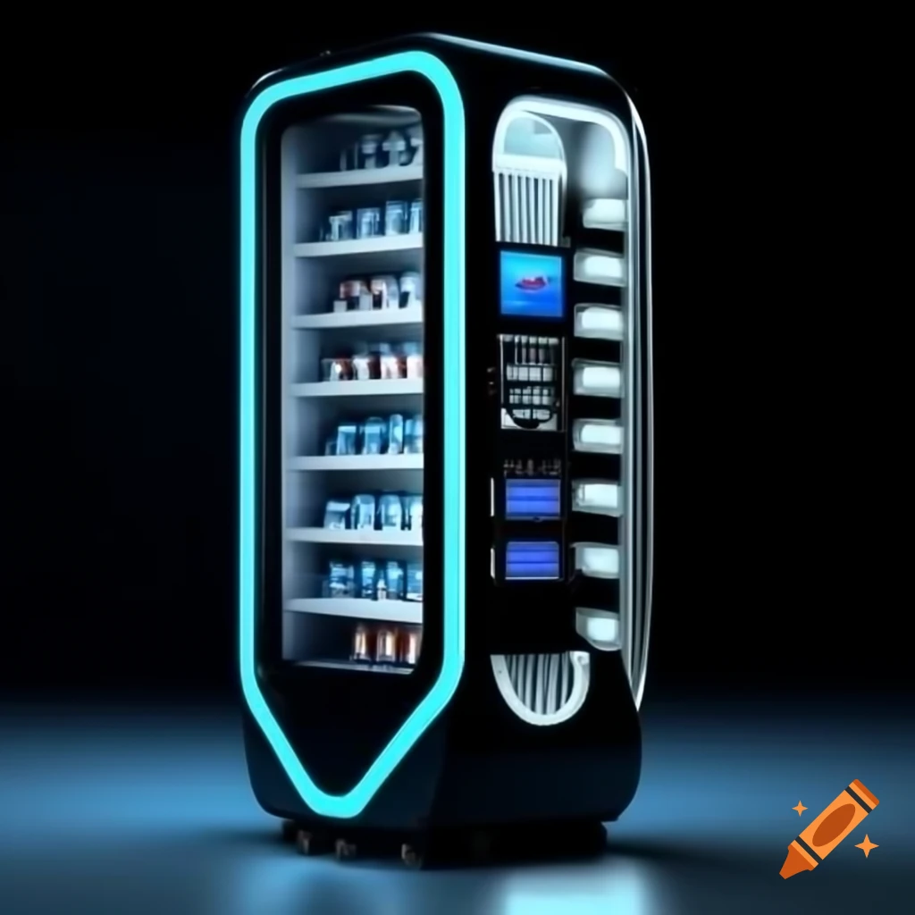 Futuristic black food vending machine with touchscreen and AI technology