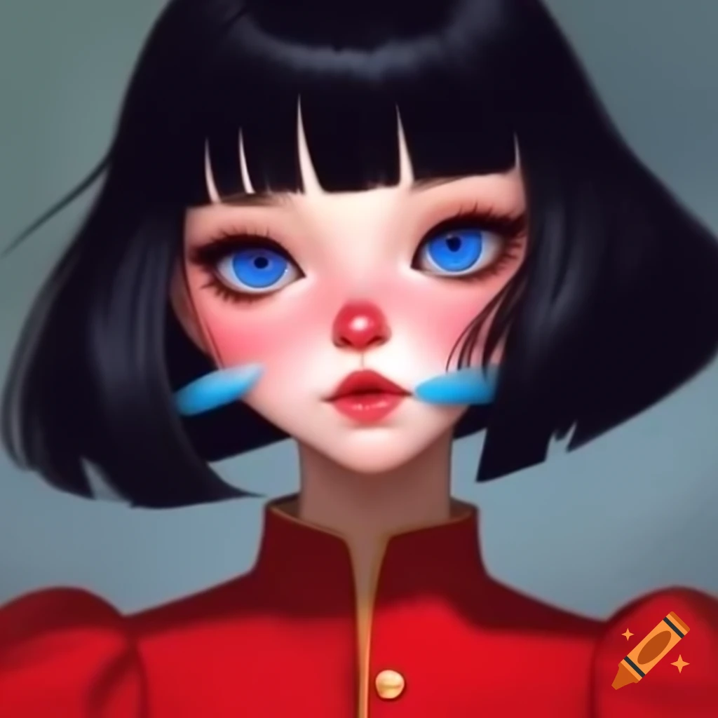 Character with black hair, ponytail, blue eyes, and red dress