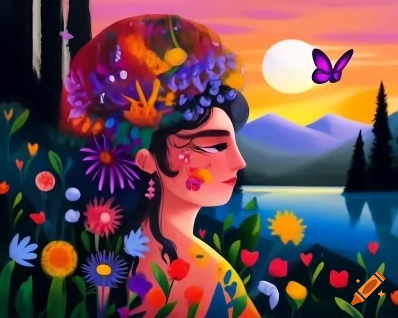 Enchanting colorful-haired woman with wildflowers and butterflies in vibrant costume at sunset