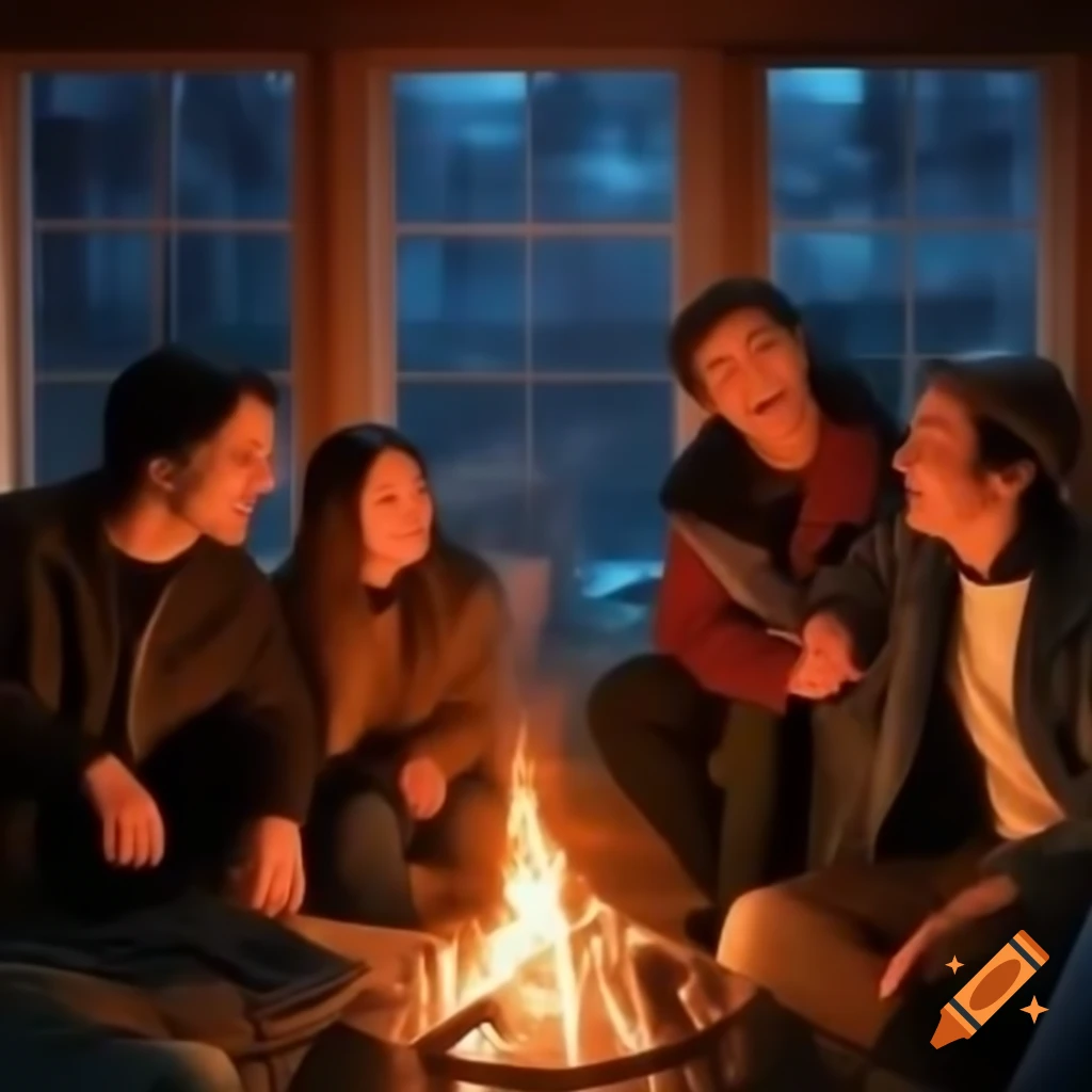Friends laughing around a warm fire with winter evening backdrop