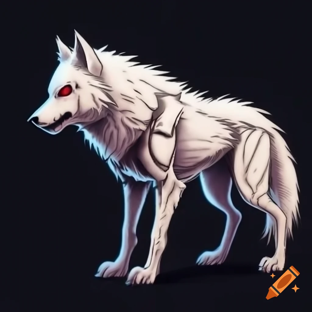 Armored white cyberpunk wolf with red eyes in standing position