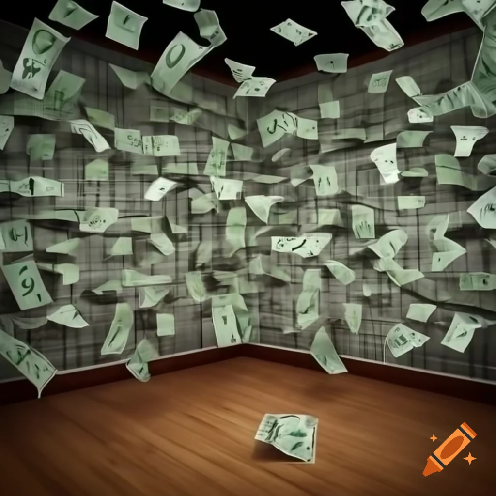 Room filled with money covering walls, ceiling, and floor