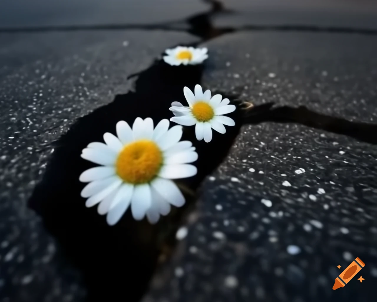 Detailed painting of daisies growing through cracked asphalt in abandoned city street