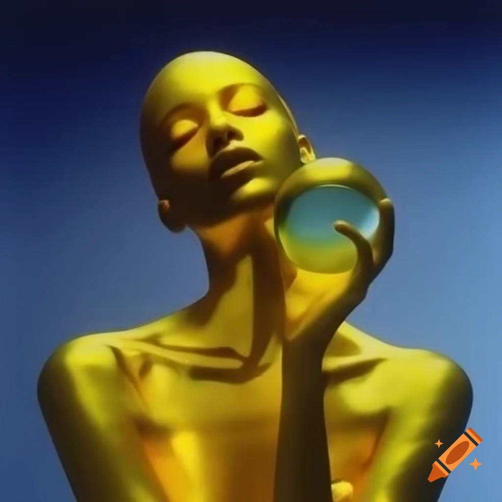 Iridescent yellow glass statue in pop surreal 2000's photography style