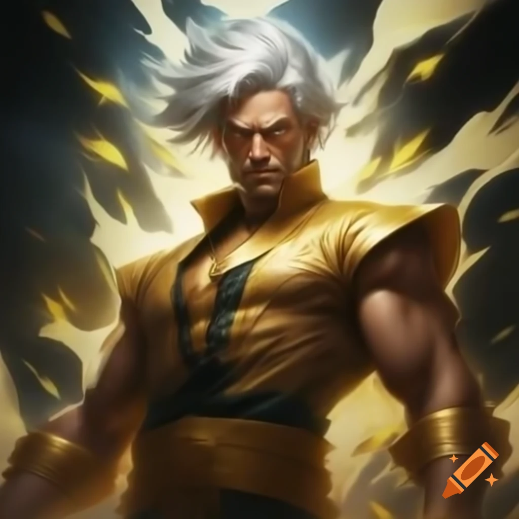 Confident leader in gold and yellow attire symbolizing power and determination surrounded by light thunder