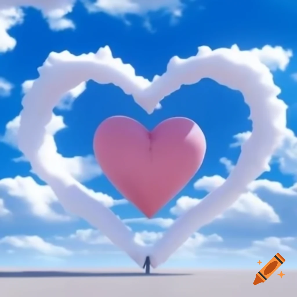 Pop surreal photography featuring anime heart statue against bright sky