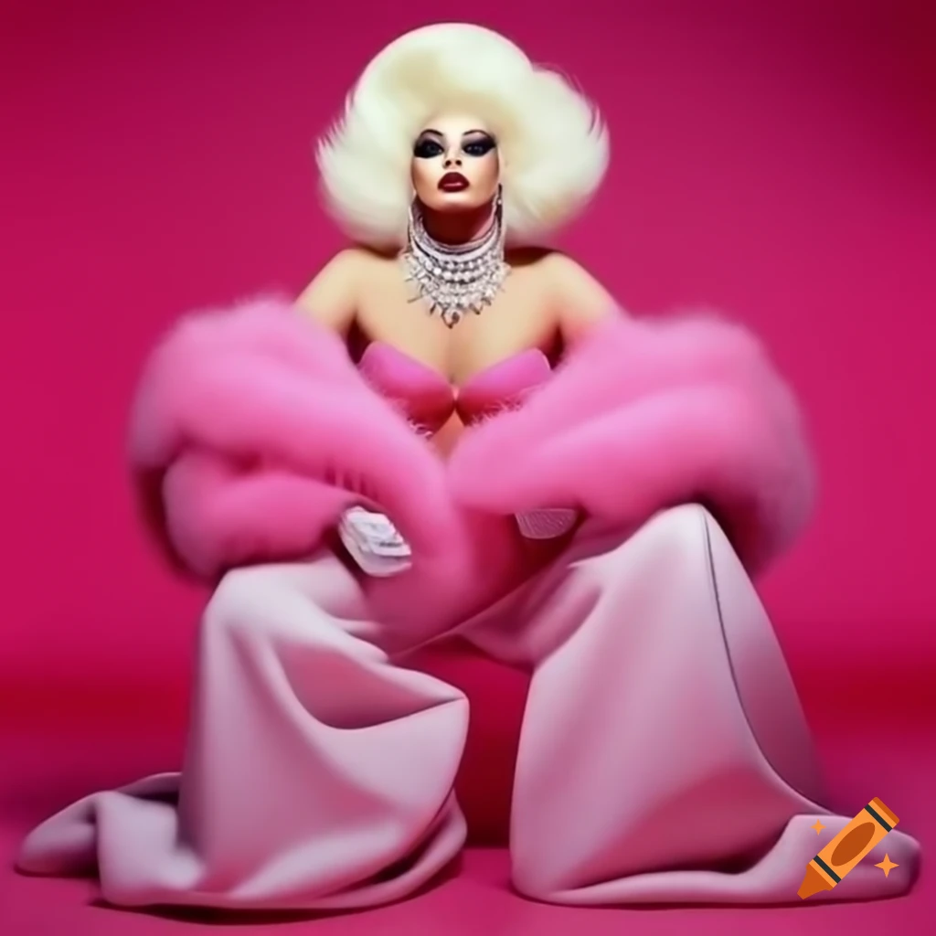 Dolly Diamond in vintage pink glamorous 70's outfit with oversized pants and big blonde hair