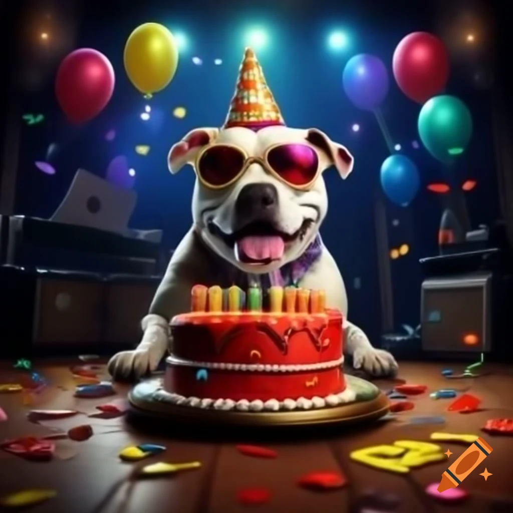 Smiling Pit Bull dog on a music tour stage with party hat and sunglasses
