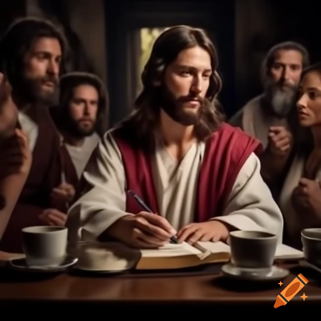 Jesus participating in Bible study group with coffee