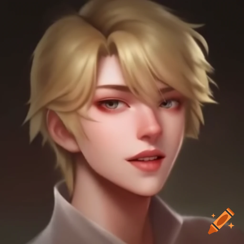 Blonde, feminine male with weak grin looking down