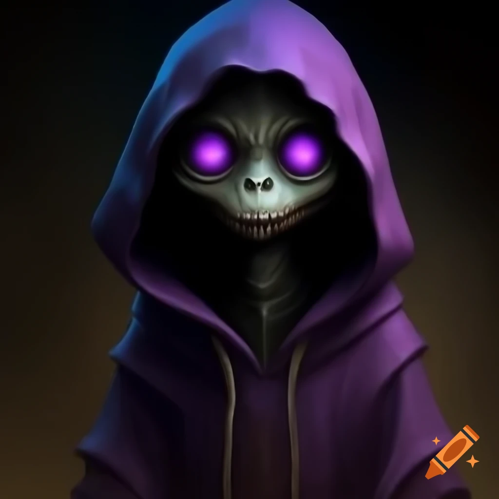 Hooded shadowy creature with glowing purple eyes and dark cloak