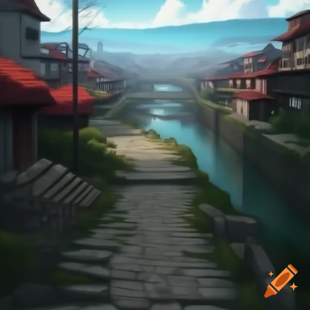 Cobblestone steps by river with small town and red rooftops in anime battle background