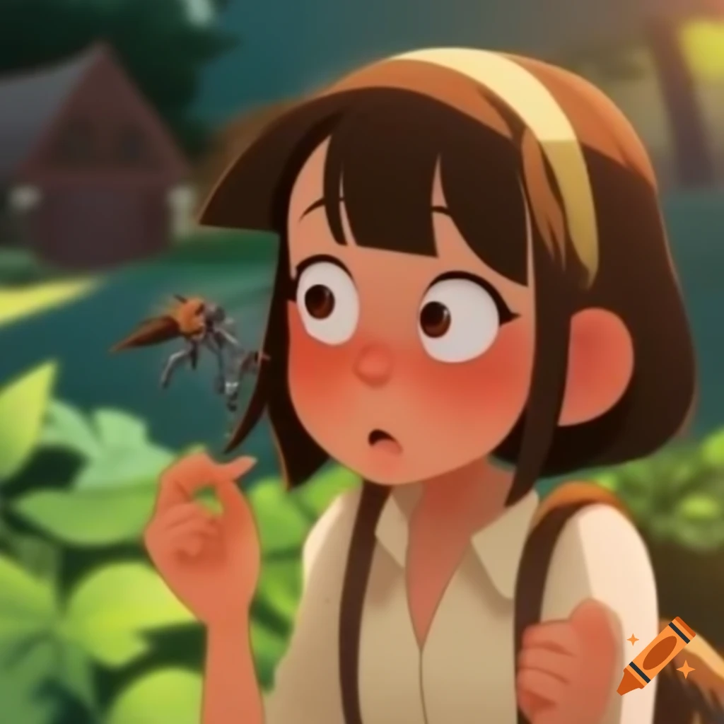 Surprised girl entomologist talking to mosquito in garden