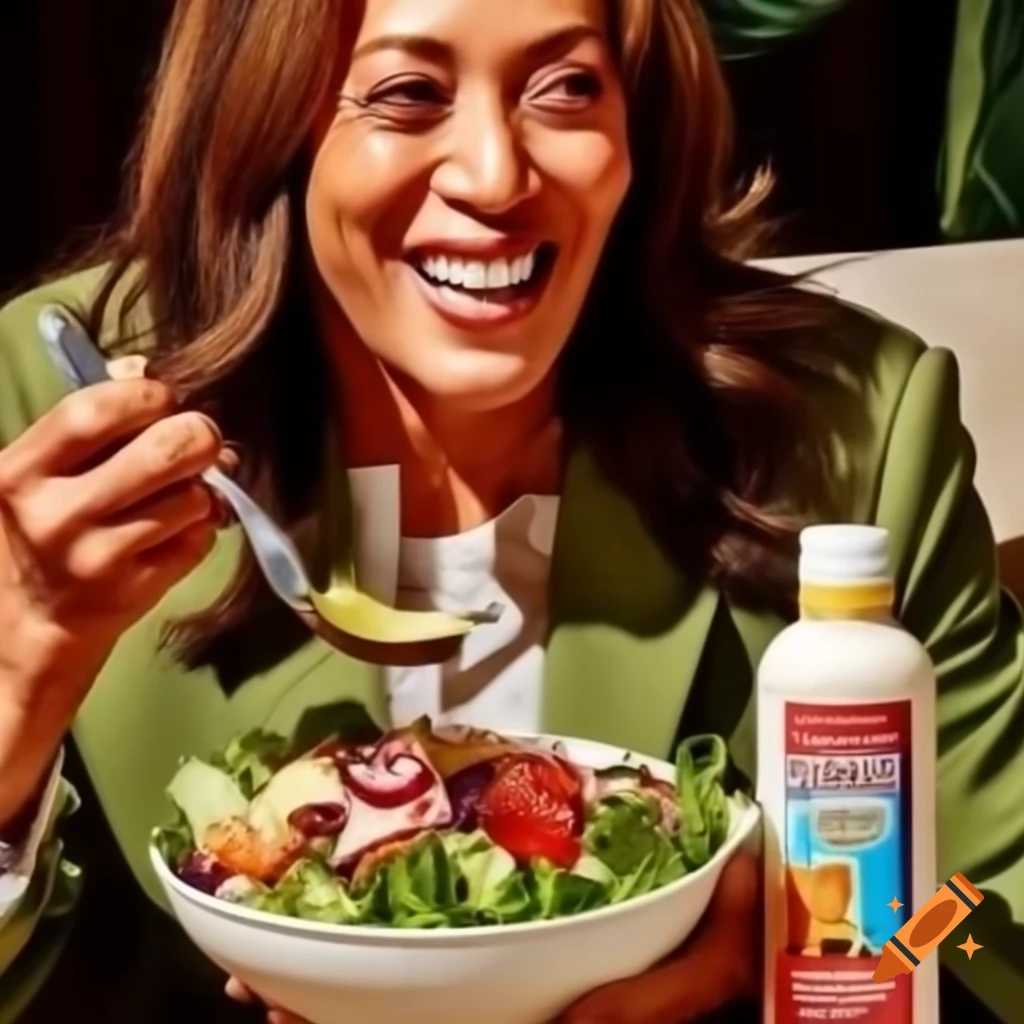 Kamala harris with salad bowl and humorous dressing bottle on craiyon