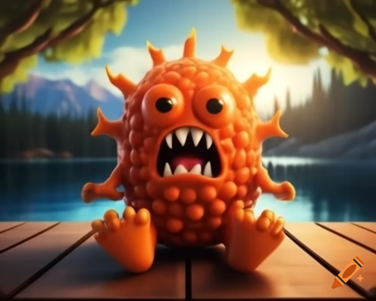 3D orange fruit tree monster with human face in forest setting
