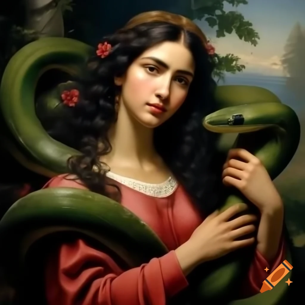 Virgin Mary Magdalene in lush garden with snake, wearing blue-red clothes