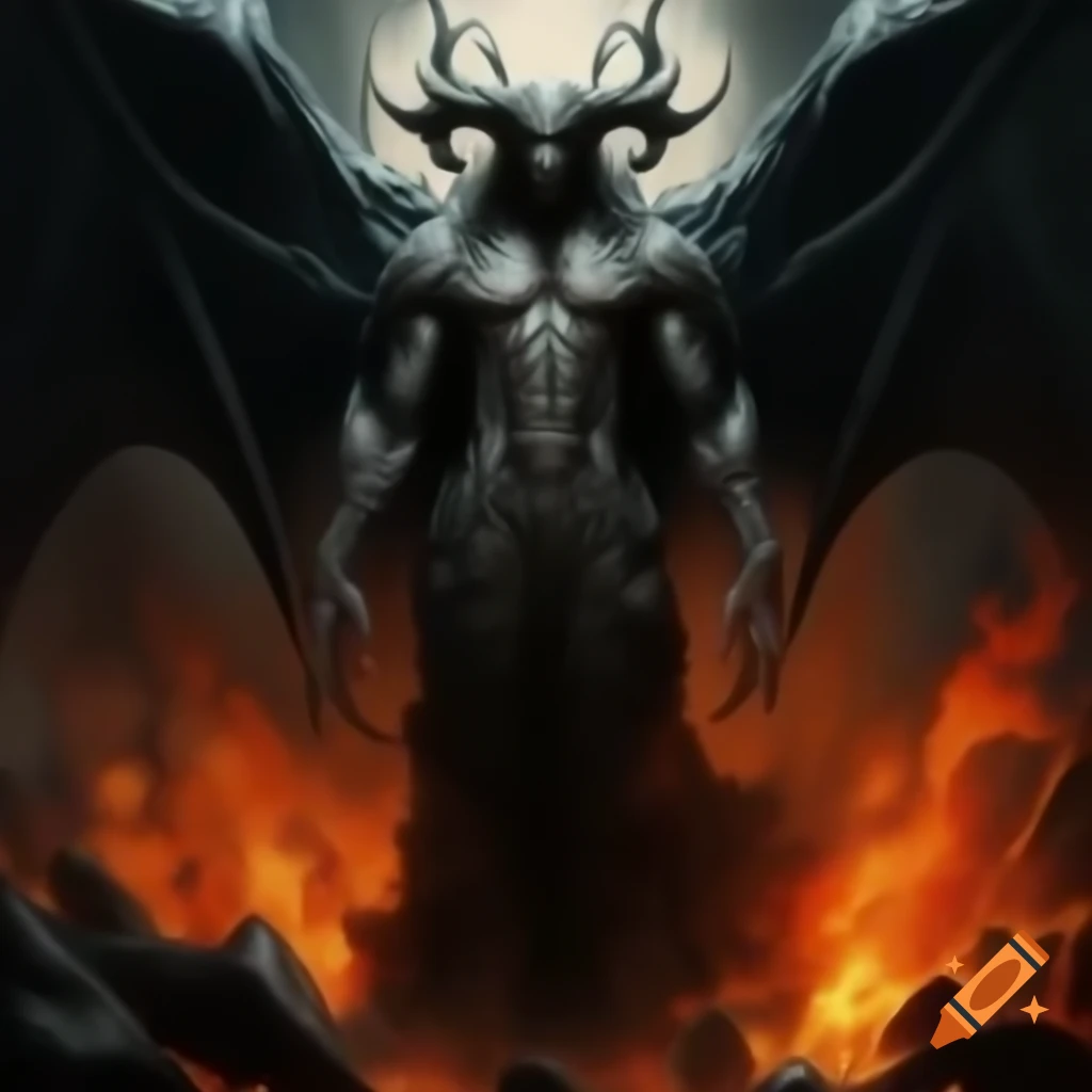 Demonic figure with hellfire and glowing cracks, massive bat-like wings