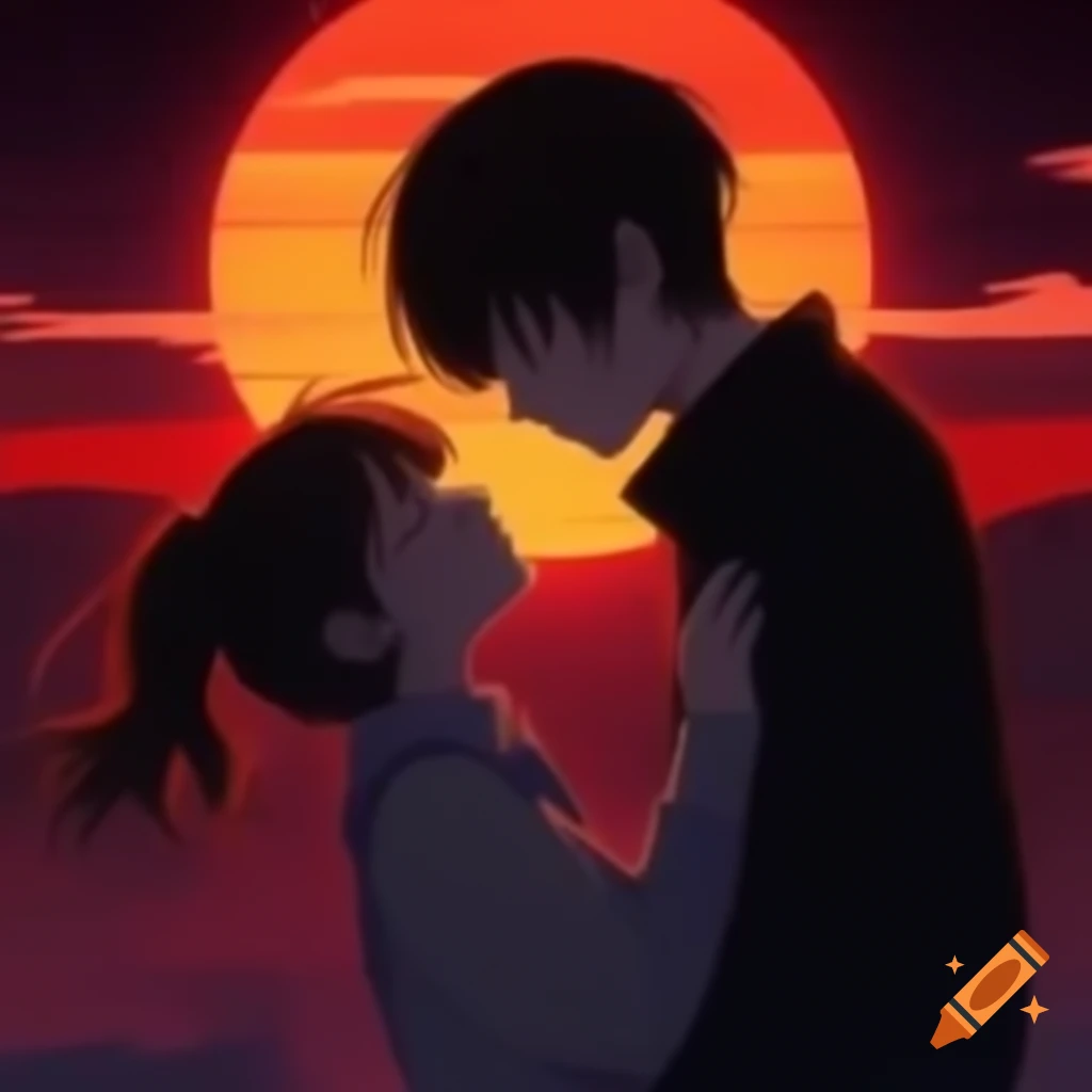 Two anime characters silhouetted against sunset, sharing a tender kiss