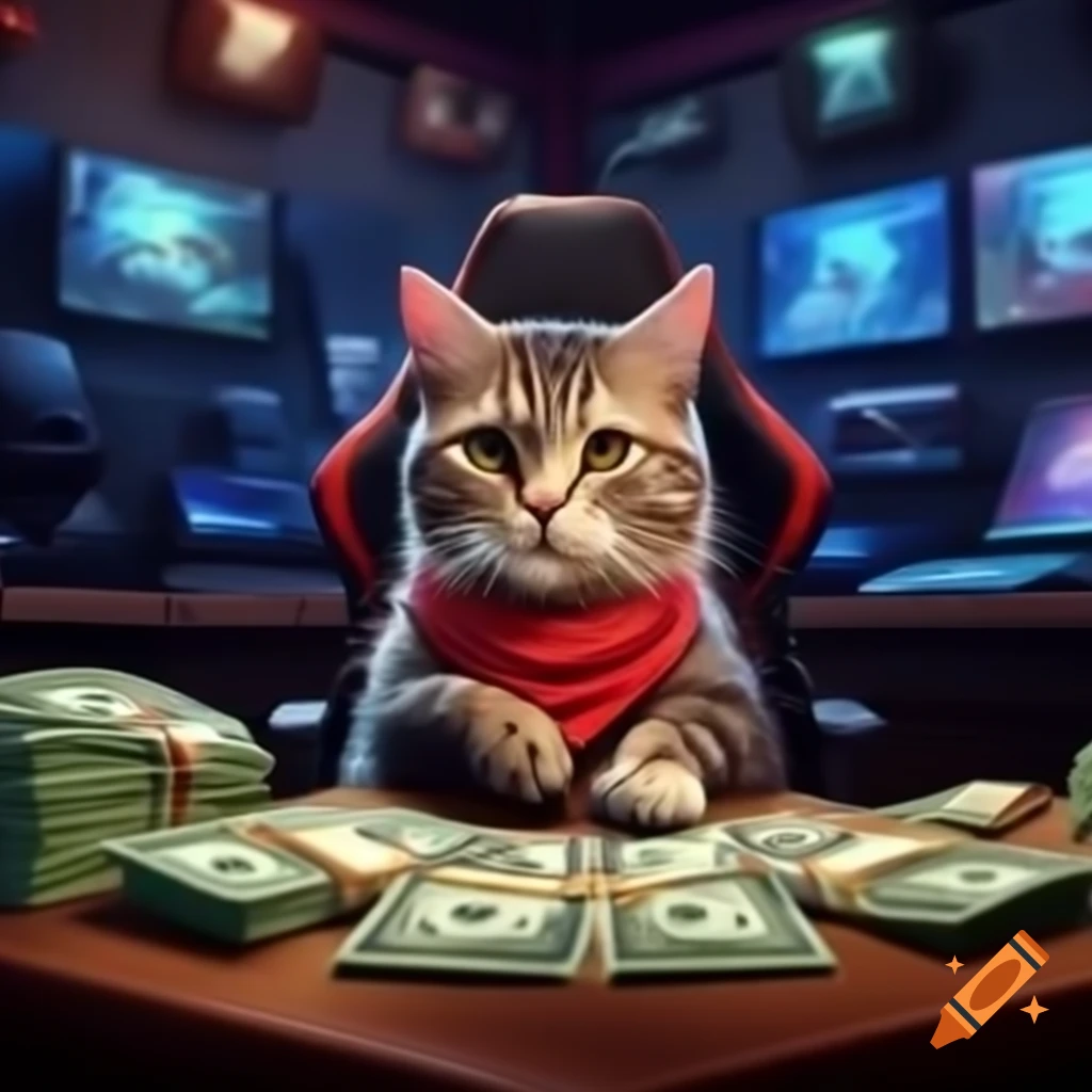 Cat in front of gaming store wearing red bandana next to stacks of cash