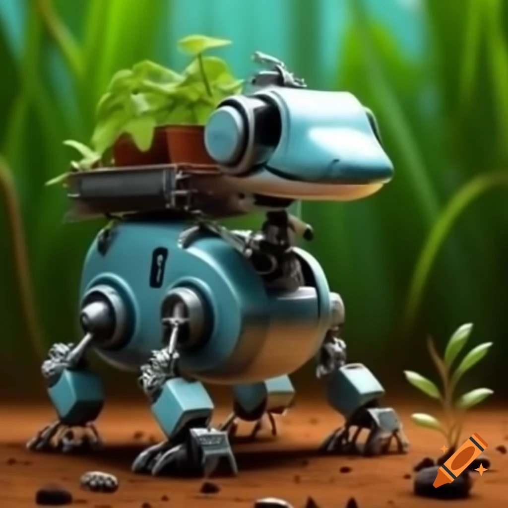 Robot dog merging with plants, showcasing nature and technology fusion