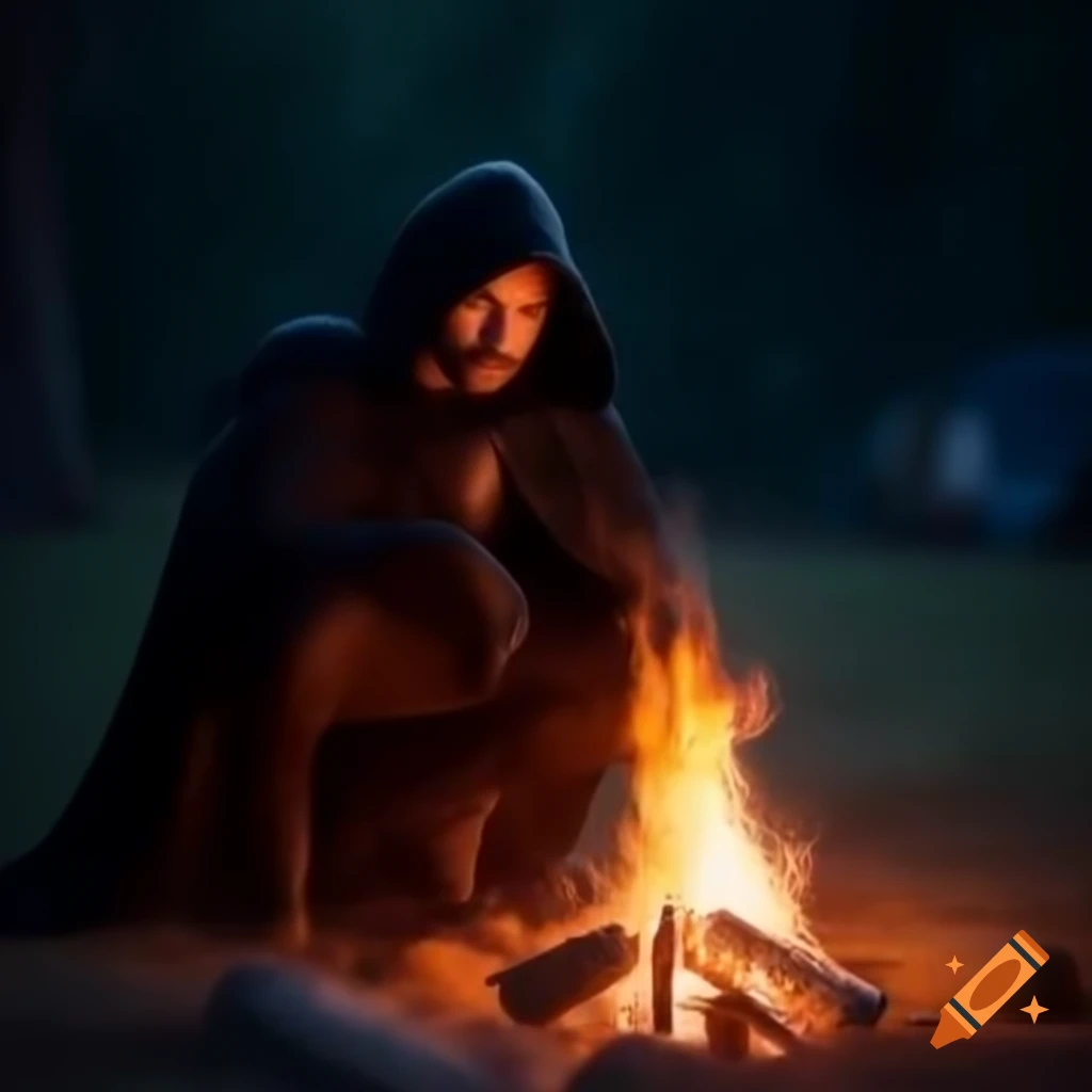 Handsome man in black cloak sitting by glowing campfire