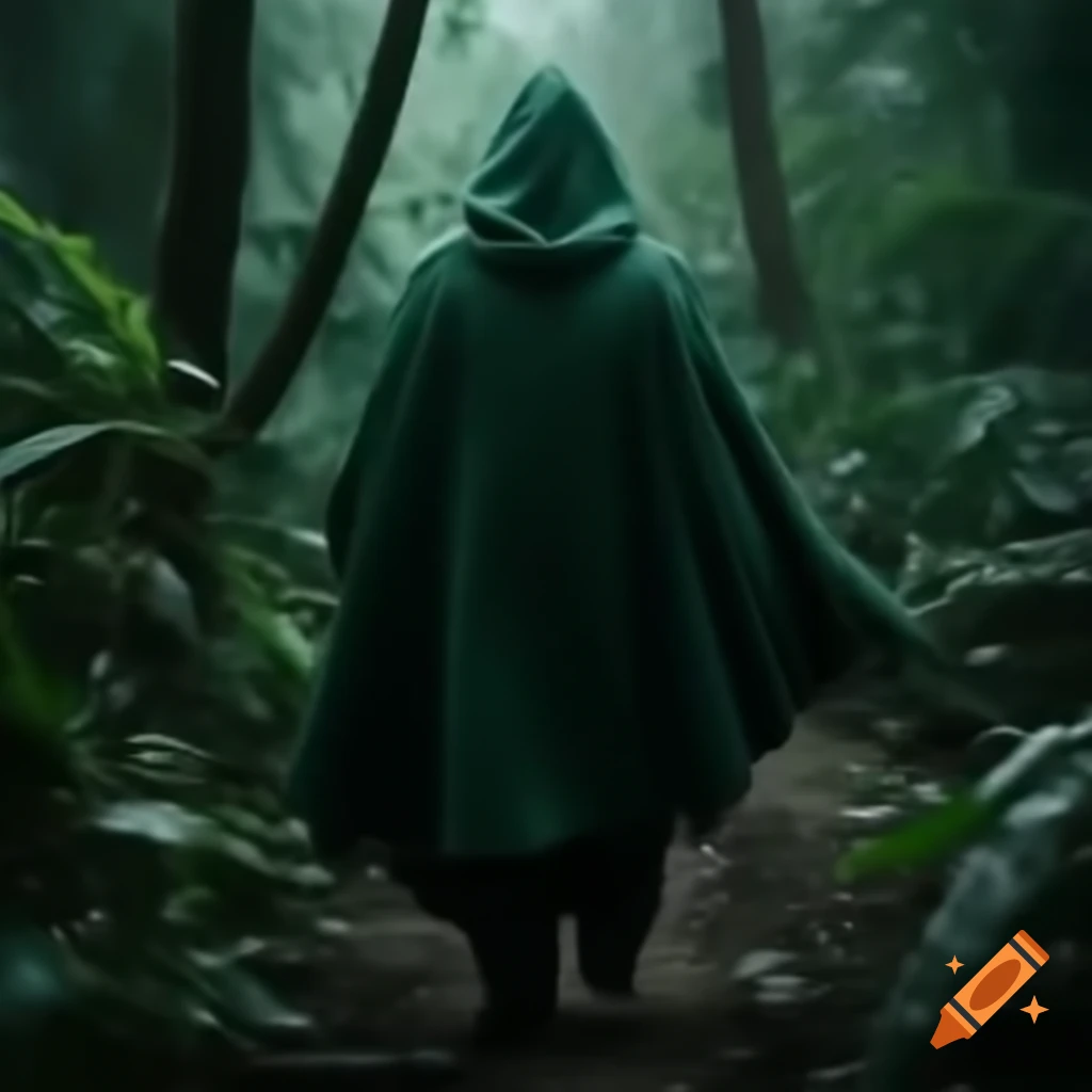 Person walking in rainforest during lightning storm, wearing green cloak and carrying quiver