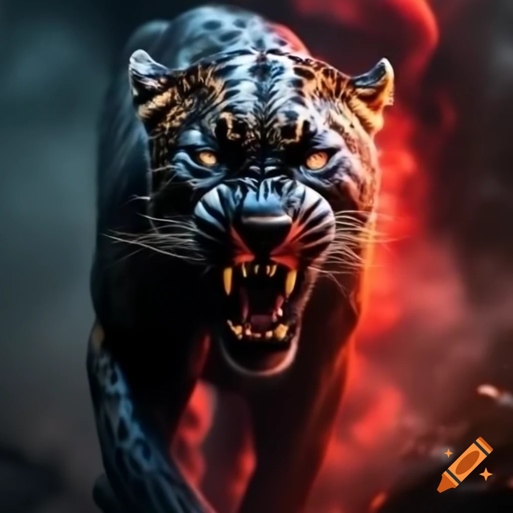 Sinister panther moving through crimson mist