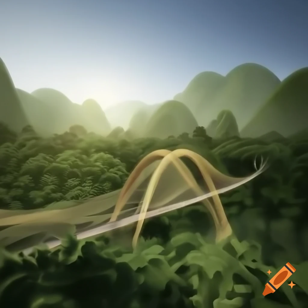 Bamboo arch bridge in lush green valley