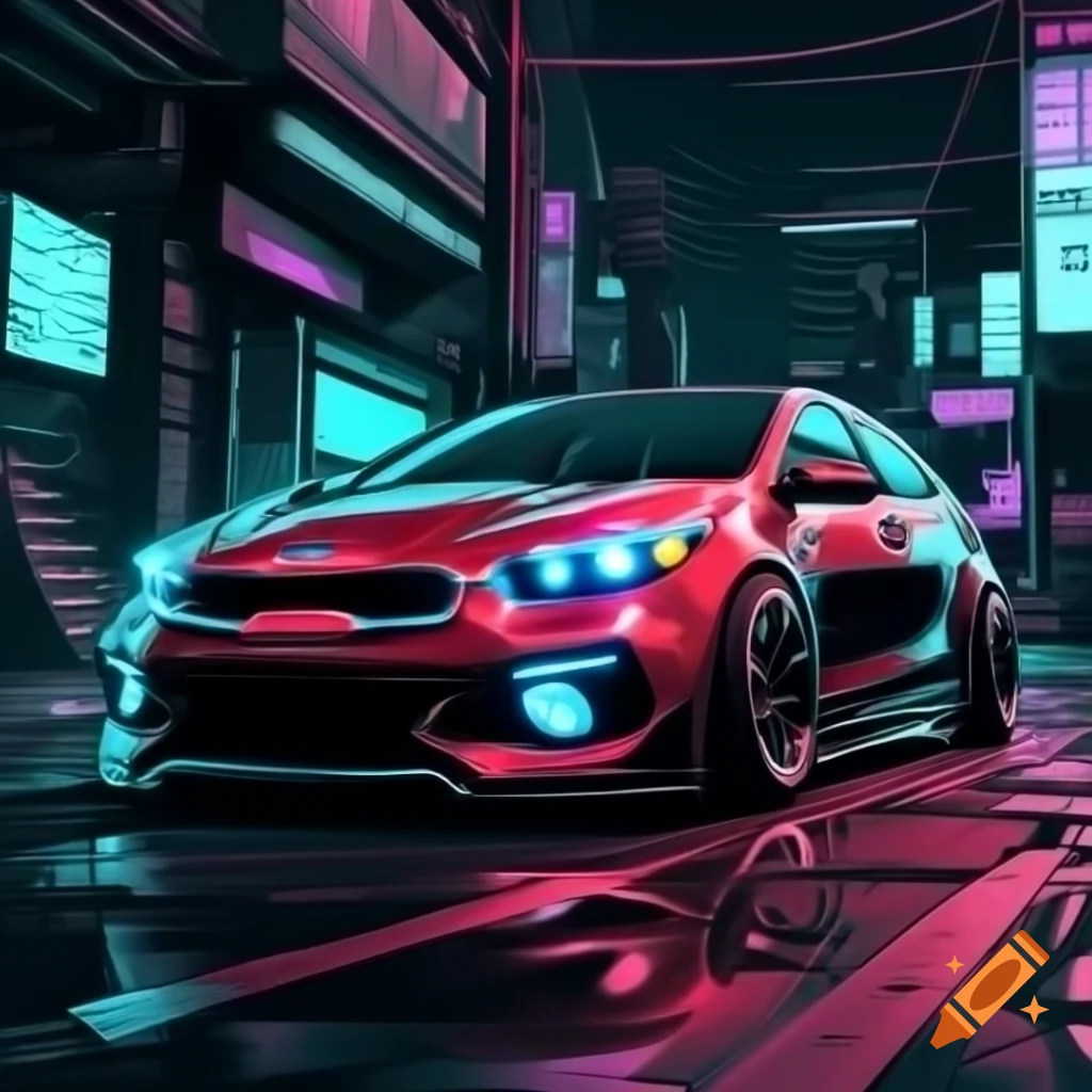 Kia Forte illuminated by cyberpunk 2077 light effects