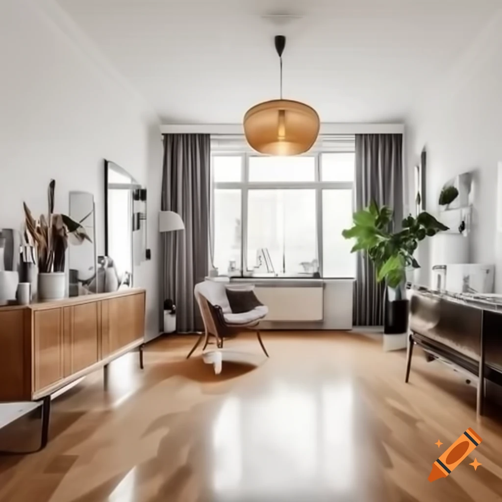 Ultra-realistic modern apartment living room with hygge and Amsterdam style design