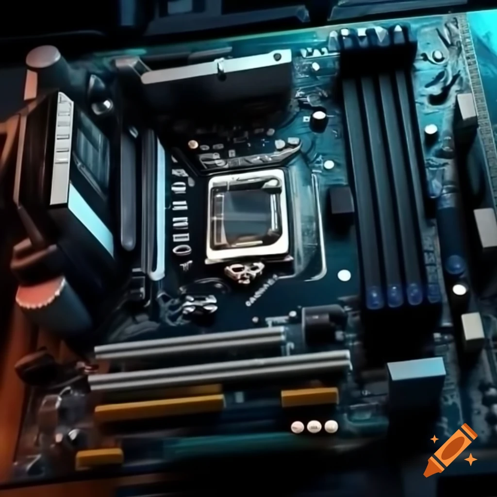 Close-up of a computer motherboard showing intricate circuit design