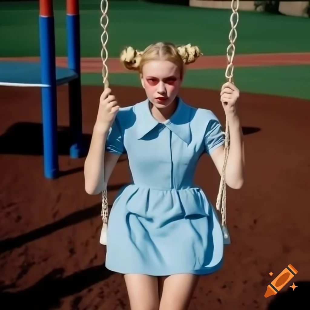 Woman in light blue dress swinging joyfully on playground on craiyon