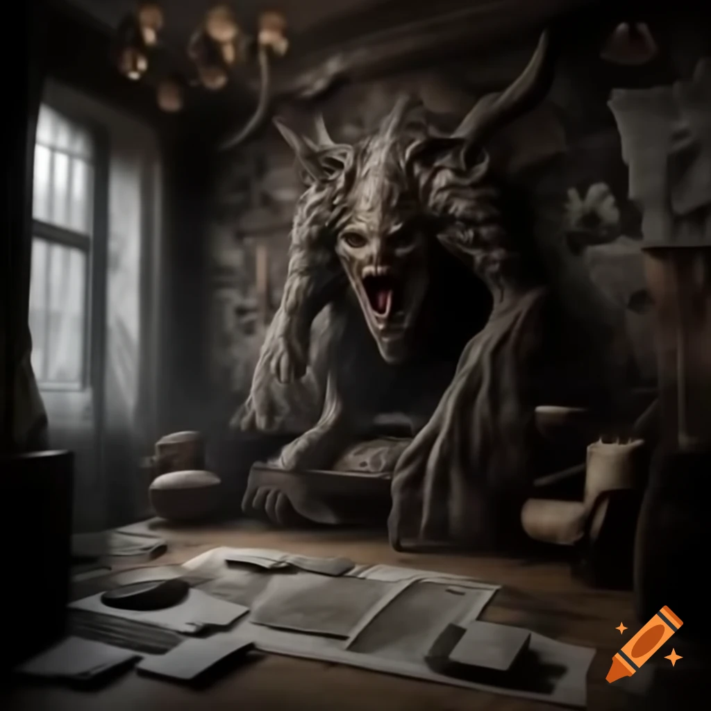Scary house with large room featuring demonic drawings on walls
