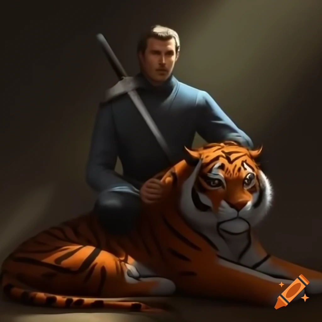Man sitting on tiger holding sword