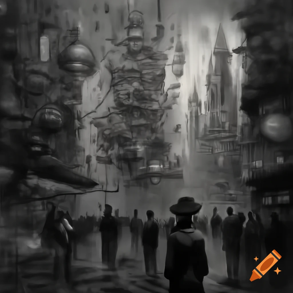 Surreal mezzotint of a 1970s science fiction city in black and white by Gustave Doré