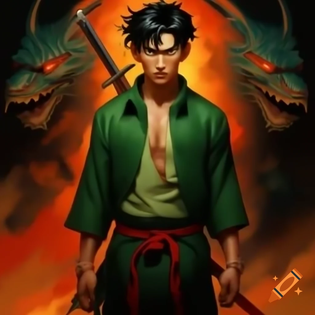 Cardboard actor Conan dressed as a warrior with samurai, name on chest
